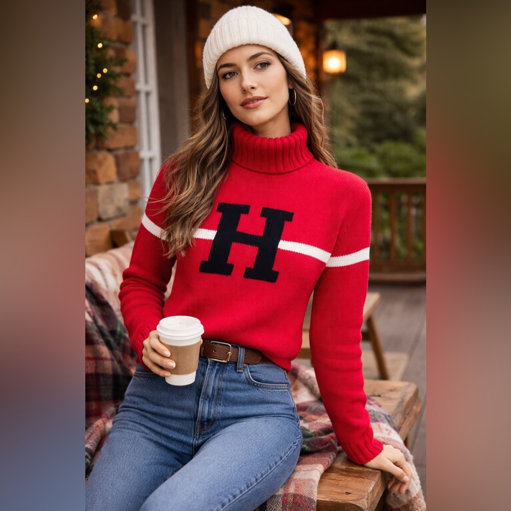 TOMMY HILFIGER 90s Big H‎ logo Long sleeve turtleneck knit sweater Small Vintage
